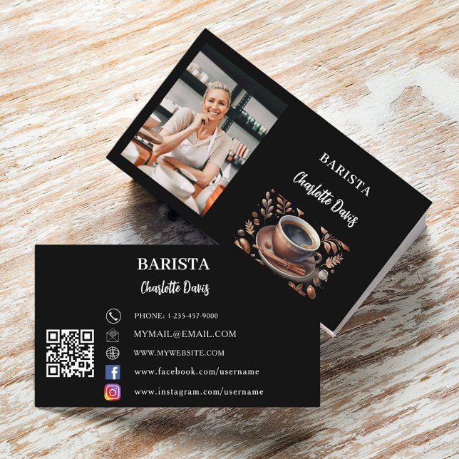 Carte De Visite Barista photo noir QR code café tasse (Créateur téléchargé)