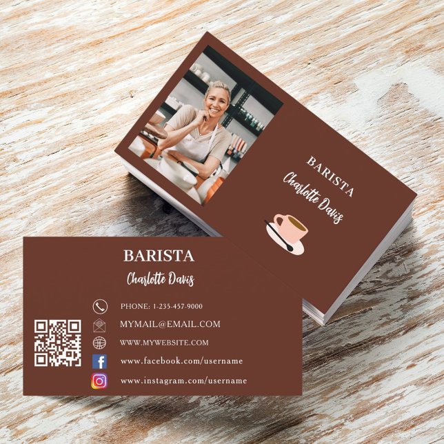 Carte De Visite Barista photo QR code brun (Créateur téléchargé)