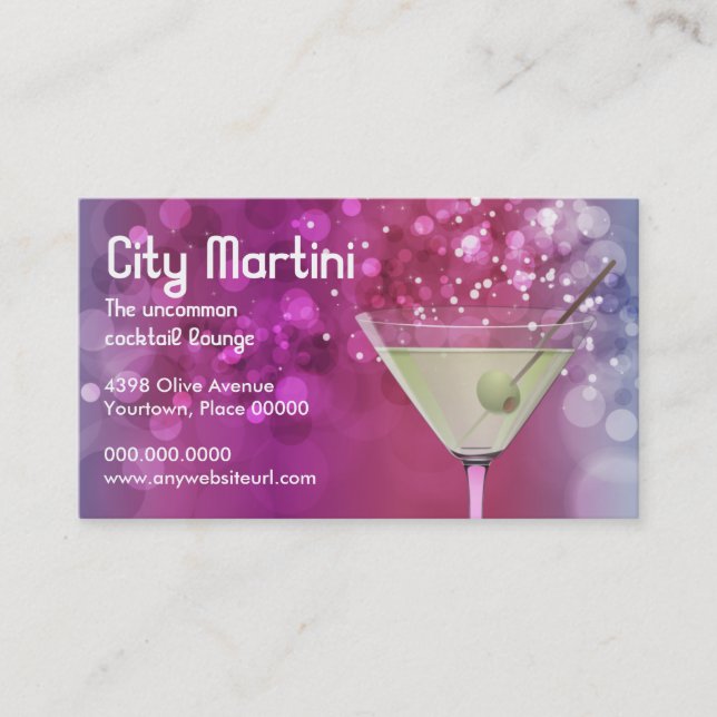 Carte De Visite Barman pourpre de barre de Bokeh Martini (Devant)