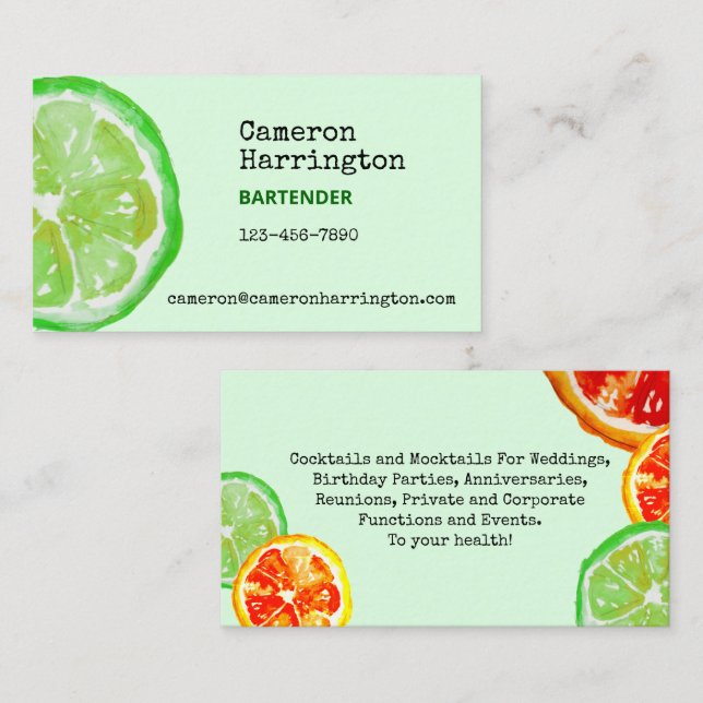 Carte De Visite Bartender Mixologue Lime Green Citrus Cocktail (Devant / Derrière)