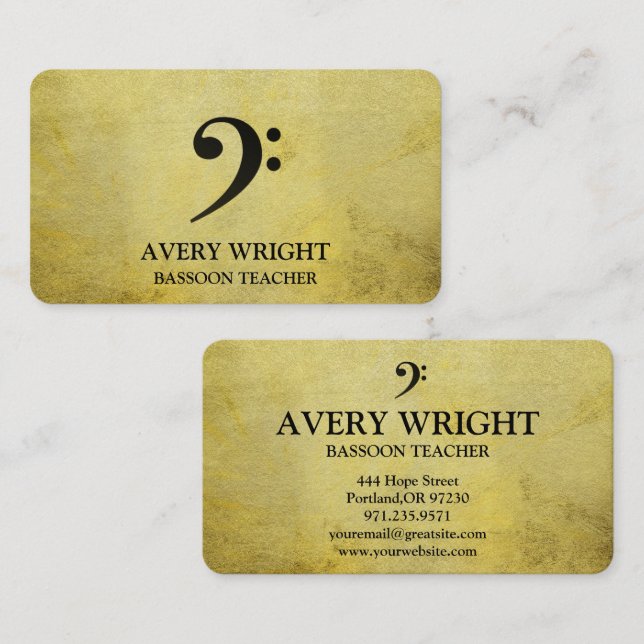 Carte De Visite Bass Clef Music Teacher Gold & Black Professional (Devant / Derrière)