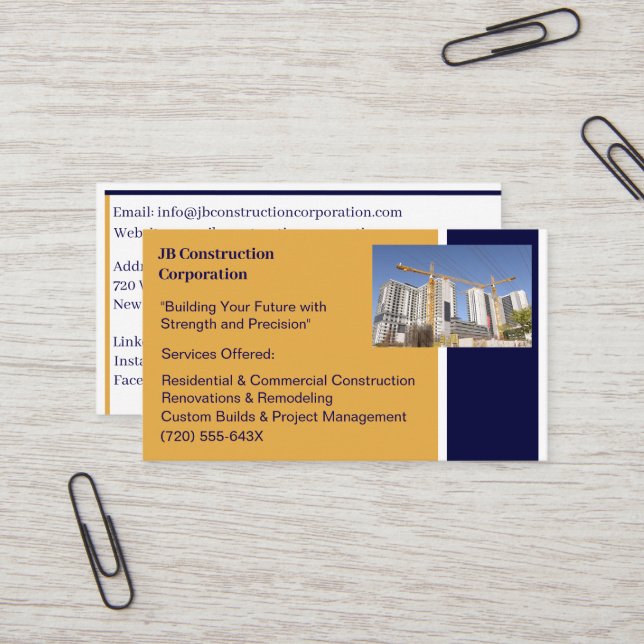 Carte De Visite Bâtiments Entrepreneur Bâtiment Grue de constructi (Devant/Arrière en situation)