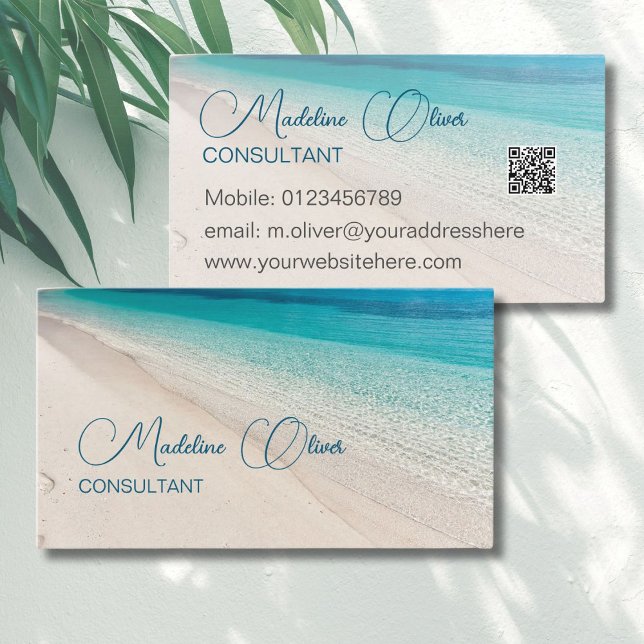 Carte De Visite Beach Sea Calme Travel Aqua Blue QR Code (Créateur téléchargé)