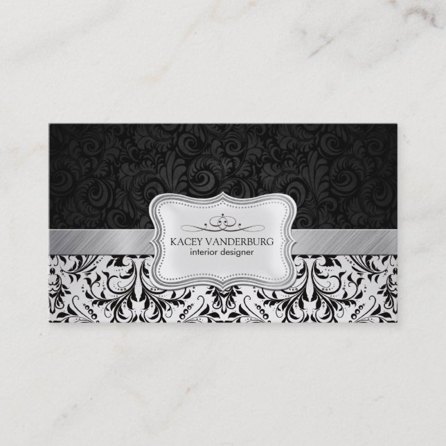 Carte De Visite Beau design d'intérieur noir et blanc de damassé (Devant)