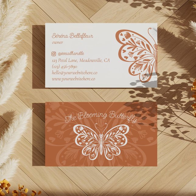 Carte De Visite Beau logo fleuri décoratif du coeur papillon (Beautiful Floral Decorative Heart Butterfly Logo Business Card)