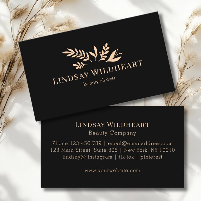 Carte De Visite Beauté botanique florale noire minimale (Minimal Floral Black Botanical Beauty Business Card)