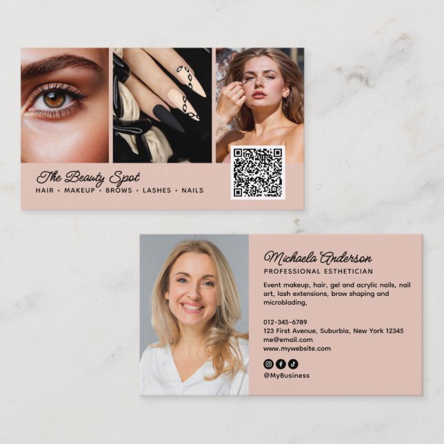 Carte De Visite Beauté / Cheveux / Cils / Ongles Code QR 4 photos (Devant / Derrière)
