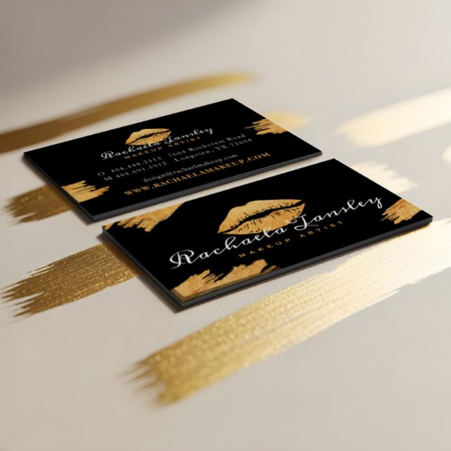 Carte De Visite Beauté glamour Noir & Or Lips Maquillage Artiste (Luxury Glamorous Black & Gold Lips Makeup Artist Business Card)