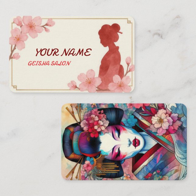 Carte De Visite Beauté orientale Geisha salon aquarelle sakura art (Devant / Derrière)