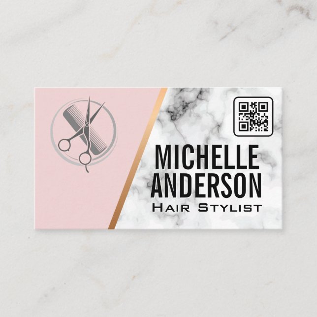 Carte De Visite Beauticien | Code QR | Rose | Marbre (Devant)