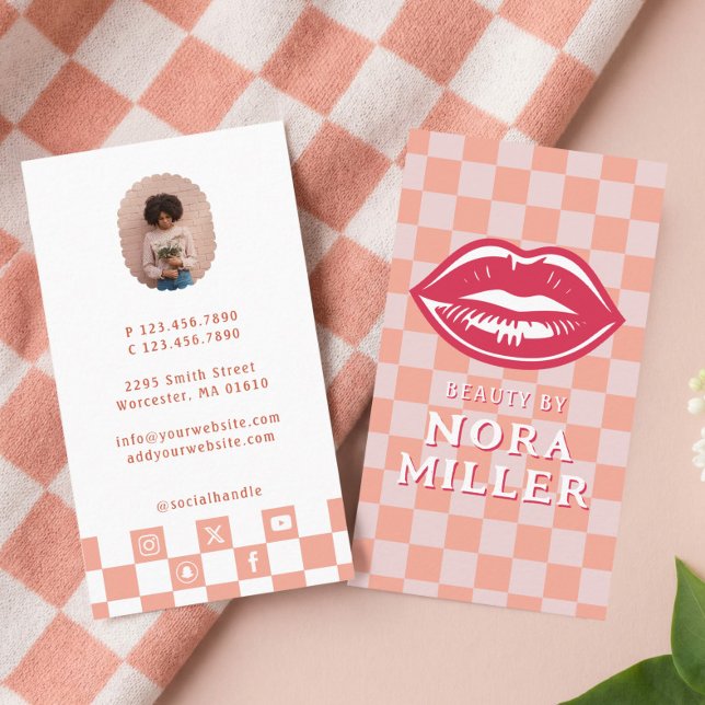Carte De Visite Beauty By Retro Pink Checkerboard Lips Makeup (Beauty By Retro Pink Checkerboard Lips Makeup Business Card)