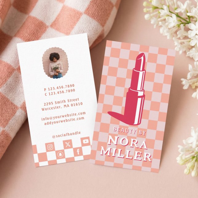 Carte De Visite Beauty By Retro Pink Checkerboard Lipstick Makeup (Beauty By Retro Pink Checkerboard Lipstick Makeup Business Card)
