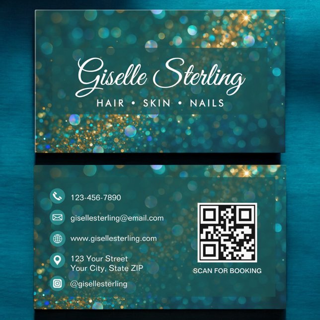 Carte De Visite Beauty Salon Gold Parties scintillant Turquoise QR (Créateur téléchargé)