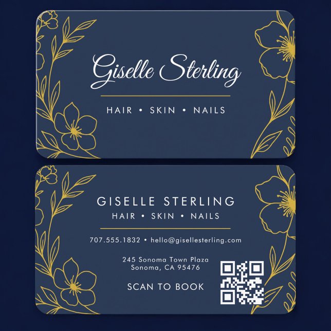 Carte De Visite Beauty Salon Navy Blue Gold QR Code Professional (Créateur téléchargé)