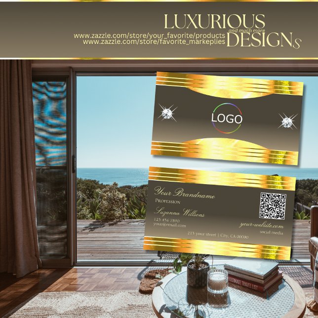 Carte De Visite Beaux Beige Brown Gold Borders Logo QR Code (Créateur téléchargé)