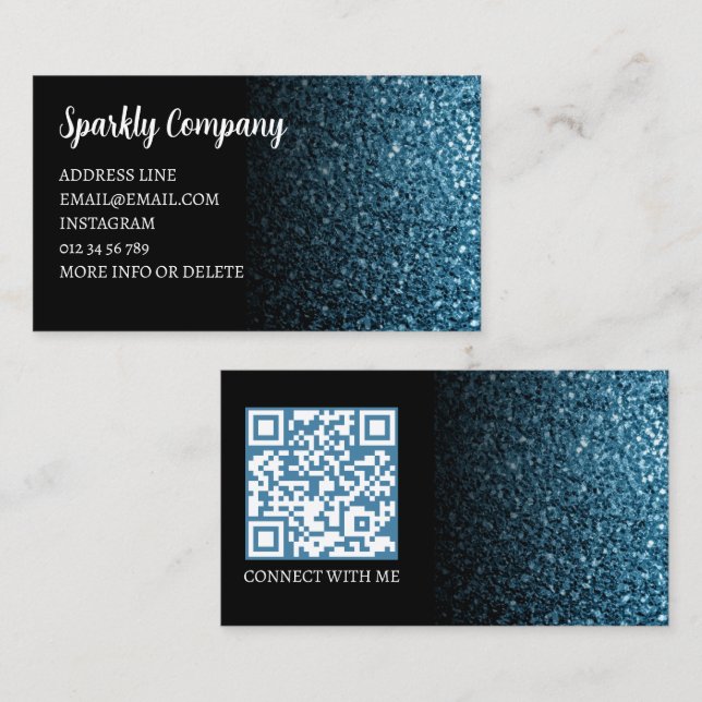 Carte De Visite Bébé bleu faux brillant noir élégant code QR (Devant / Derrière)