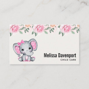 Carte De Visite Bébé rose mignon éléphant et frontière Rose