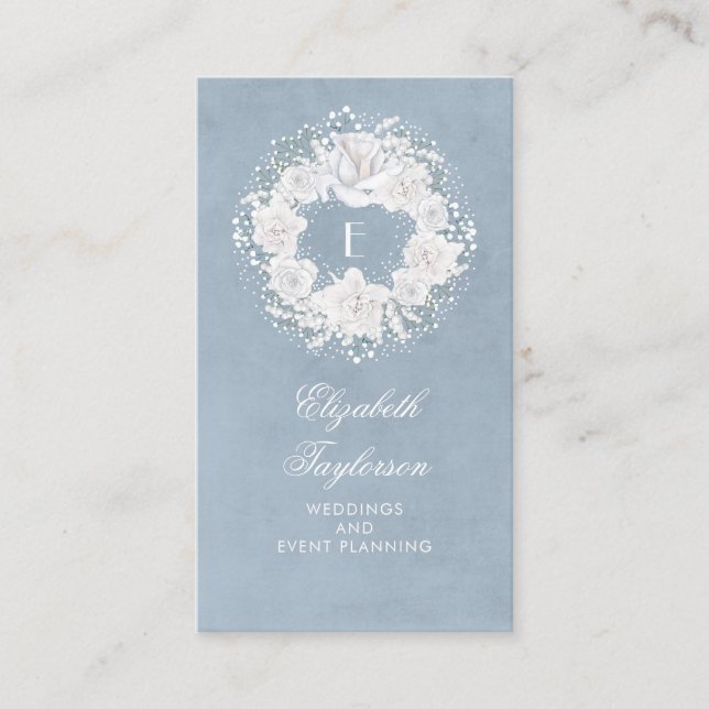 Carte De Visite Bébé's Breath Blanc et bleu poussiéreux Floral (Devant)