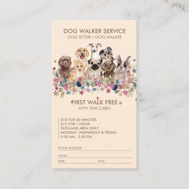 Carte De Visite Beige Chien Walker Service Nom cadeau gratuit (Devant)