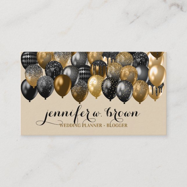 Carte De Visite Beige & Gold Sprinkle Party Balloon Design (Devant)