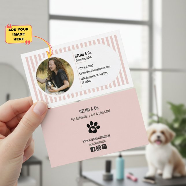 Carte De Visite Beige Modern Pet Grooming Business Card with Photo (Beige Modern Pet Grooming Business Card with Photo, Paw Print and Social Media Details)