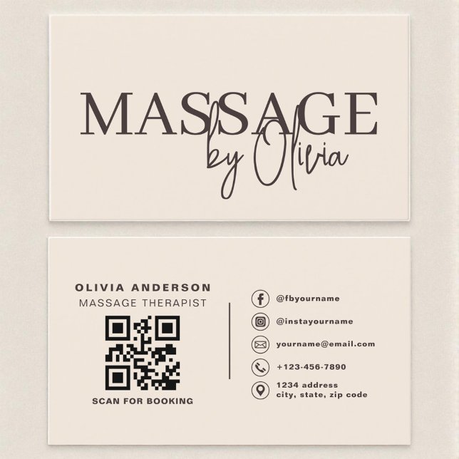 Carte De Visite Beige Neutral Massage Therapist QR Code (Créateur téléchargé)