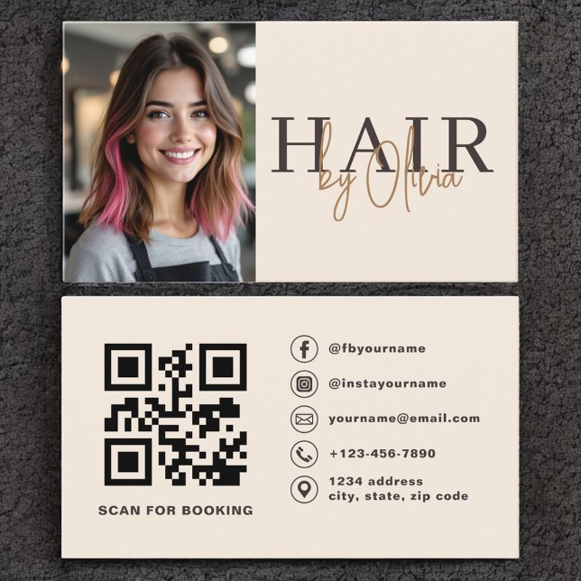 Carte de visite beige neutre pour coiffeur avec co (Créateur téléchargé)