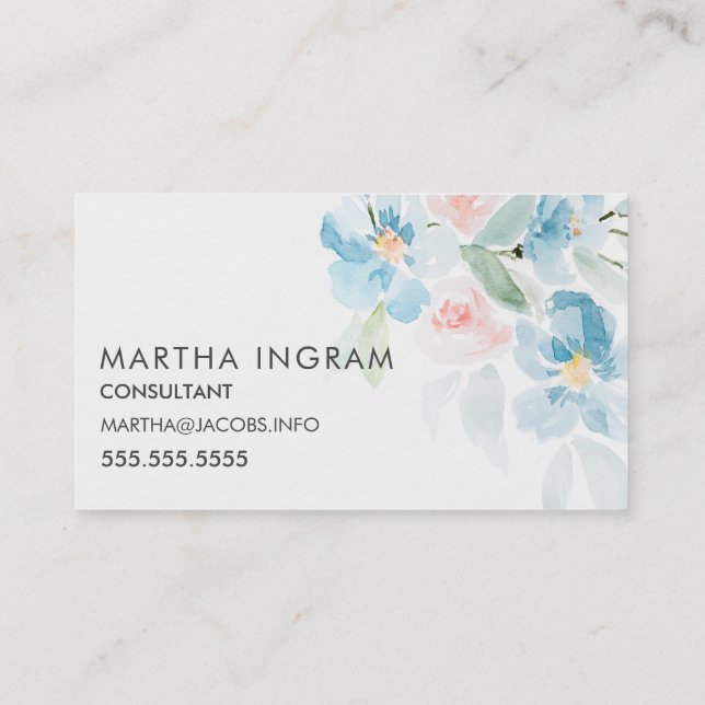 Carte De Visite Belle aquarelle bleu rose et fleurs bleues (Dos)