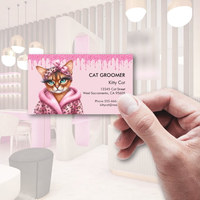 Carte De Visite Belle Chat Groomer Sitter Parties scintillant rose (Lovely Cat Groomer Sitter Pink Glitter Dripping Business Card)