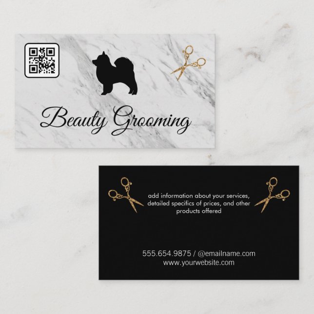 Carte De Visite Belle Chien Grooming Ciseaux | Marbre | Code QR (Devant / Derrière)
