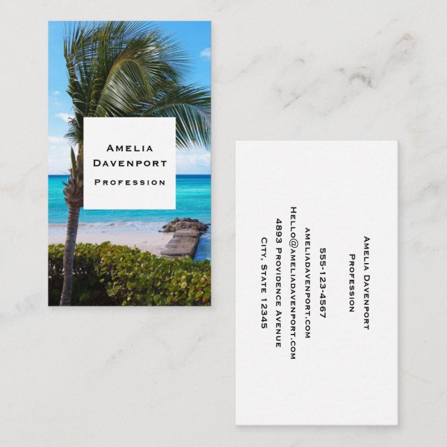 Carte De Visite Belle Plage Tropicale Palmier Venté (Devant / Derrière)