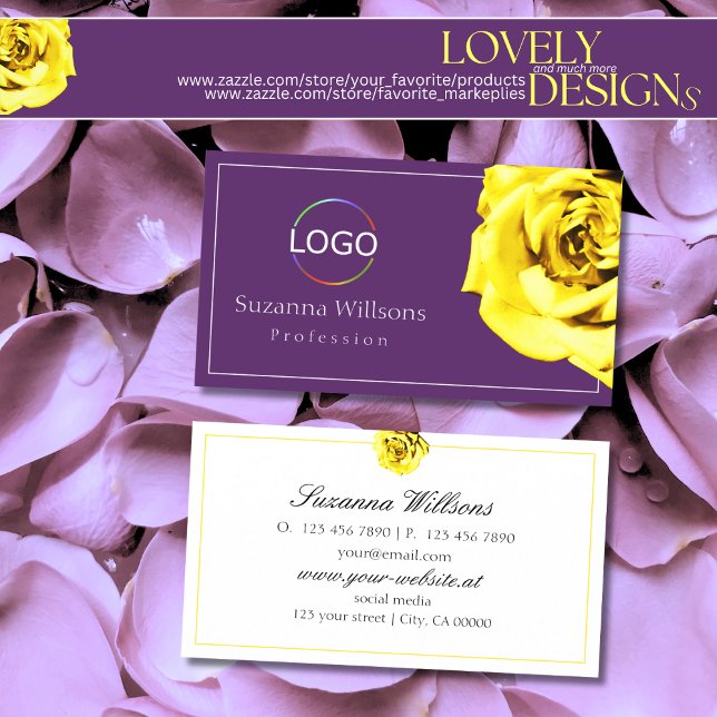 Carte De Visite Belle Rose Jaune sur Fond Violet avec Logo Simple (Créateur téléchargé)