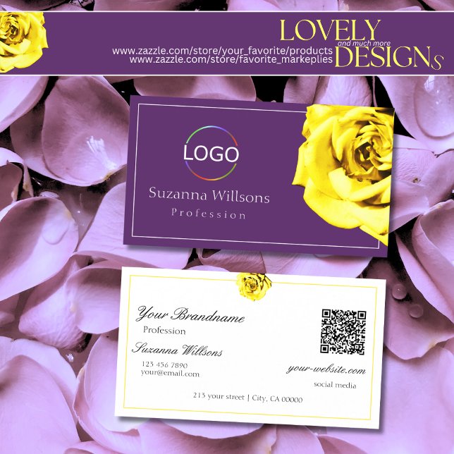 Carte De Visite Belle rose jaune sur violet avec logo QR Code (Créateur téléchargé)