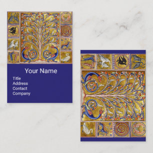 CARTE DE VISITE BESTIAIRE MÉDIÉVAL, OISEAUX, ARBRE DE VIE, DRAGONS