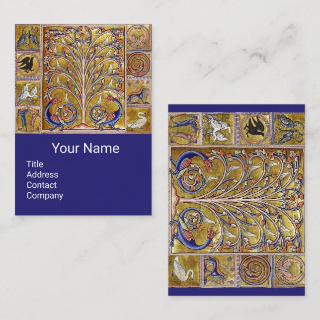 CARTE DE VISITE BESTIAIRE MÉDIÉVAL, OISEAUX, ARBRE DE VIE, DRAGONS (Devant / Derrière)