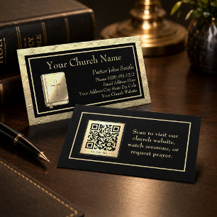 Carte De Visite Bible à code QR or et noir d'église