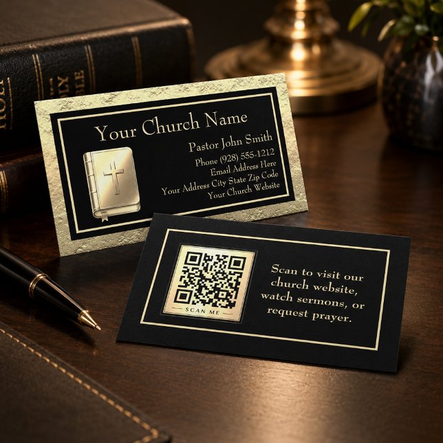 Carte De Visite Bible à code QR or et noir d'église (The metal details are simulated in the artwork. No actual metal will be used in this product.)