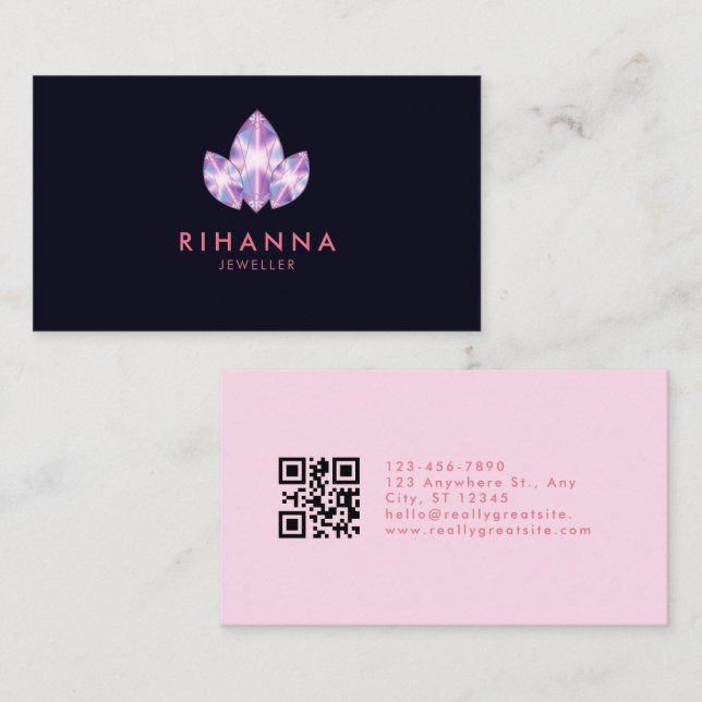 Carte De Visite Bijou Bright Dimond Rose Marine Minimal code QR (Devant / Derrière)