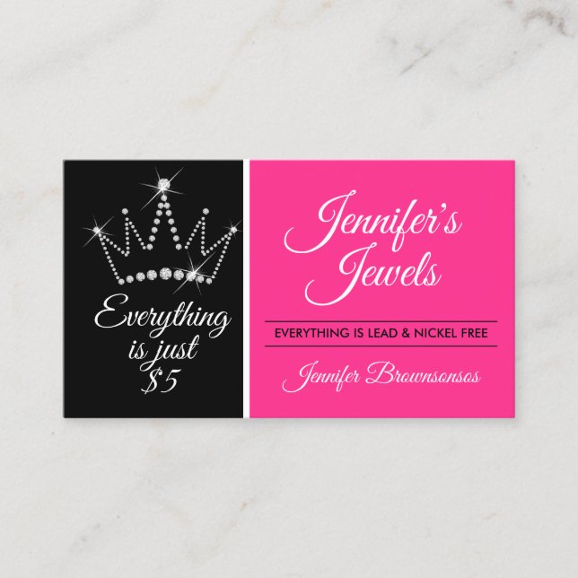 Carte De Visite Bijou de diamant Bling Couronne Noir Rose (Devant)