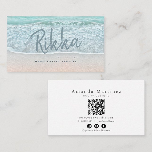 Carte De Visite Bijou fait main Turquoise Océan Plage Sableuse QR (Devant / Derrière)