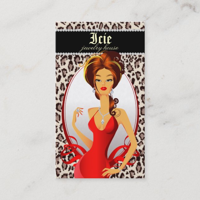 Carte De Visite Bijoux Diamants Rouge léopard Beige (Devant)