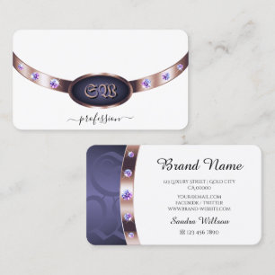 Carte De Visite Bijoux Monogramme Élégants Blancs Violets et Or Ro