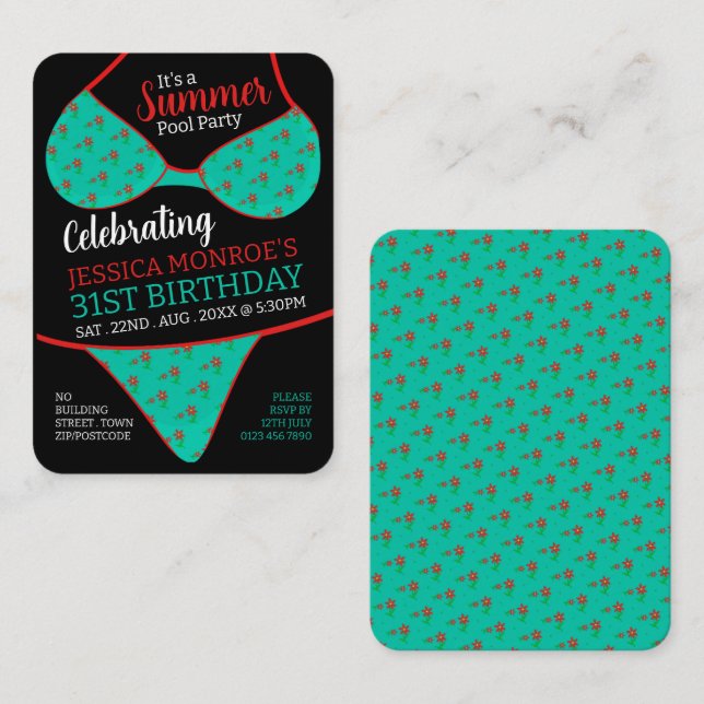 Carte De Visite Bikini Design, Pool Party Anniversaire Billets de  (Devant / Derrière)