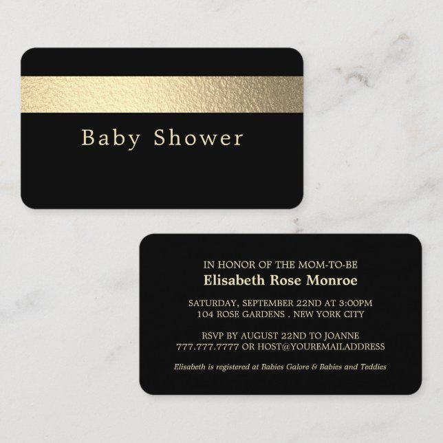 Carte De Visite Billet Baby shower noir Jet Gold Foil (Devant / Derrière)