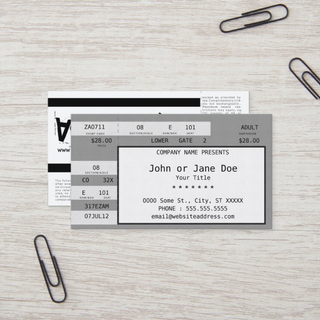 Carte De Visite billet de concert (Devant/Arrière en situation)