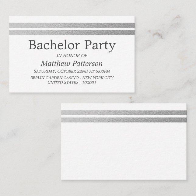 Carte De Visite Billet de la partie Bachelor Chic Silver Foil (Devant / Derrière)