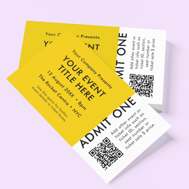 Carte De Visite Billet d'événement | Jaune QR Code Concert Billet (Créateur téléchargé)