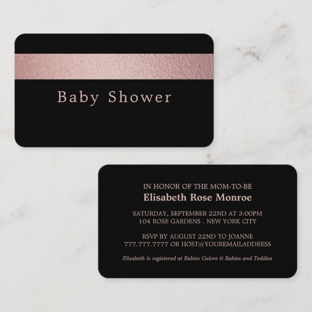 Carte De Visite Billet rose Gold Foil, Baby shower noir (Devant / Derrière)