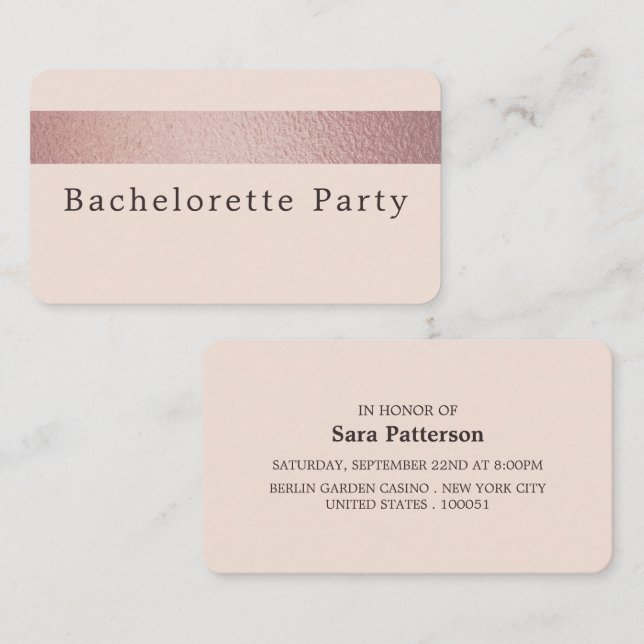 Carte De Visite Billet rose Gold Foil Stripe, Bachelorette Party (Devant / Derrière)