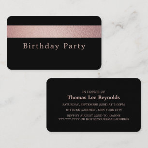 Carte De Visite Billet rose Gold Foil Stripe, Black Birthday Party